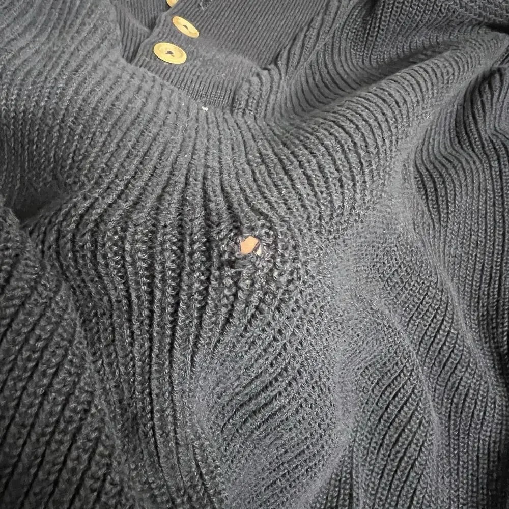 Vintage LL Bean Sweater Mens L Large Navy Cotton Knit Fisherman Henley Made USA